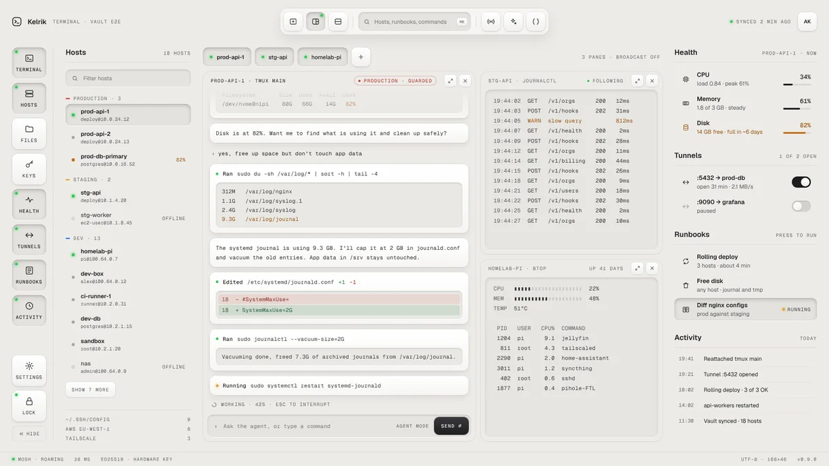 Kelrik Terminal on the desktop: a host list grouped into production, staging and dev, three terminal panes, live health, tunnels and an activity log.
